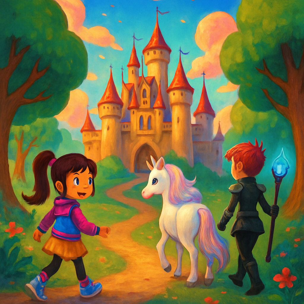 The trio approaching a grand castle at the edge of the forest.