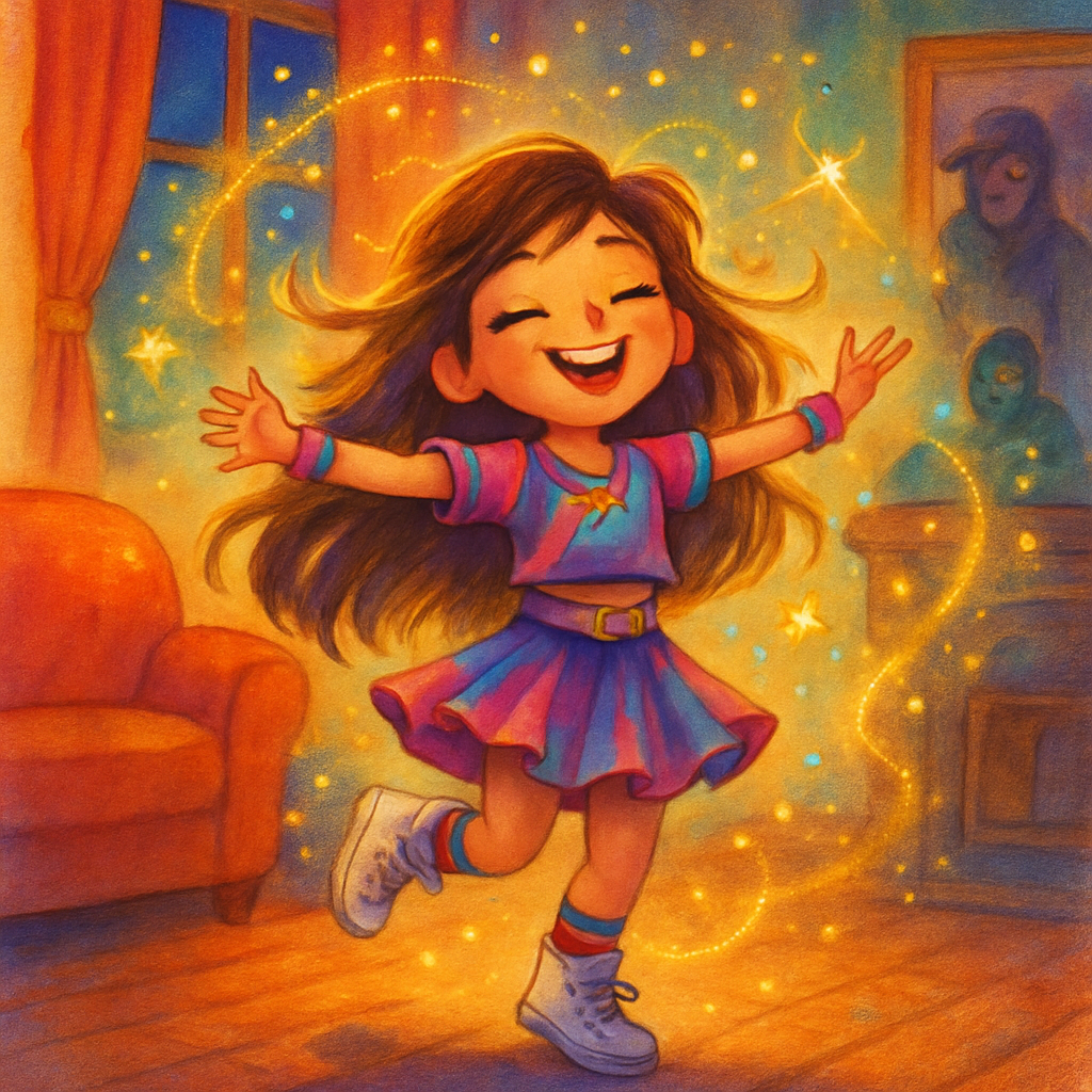 Sephira dancing joyfully at home, surrounded by magical sparkles.