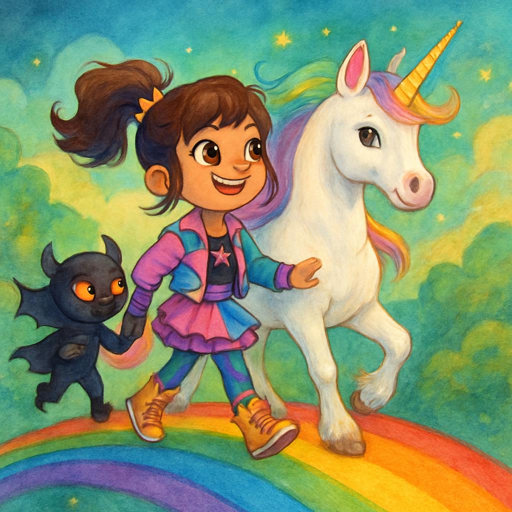 @Sephira and @Luna crossing a rainbow bridge.