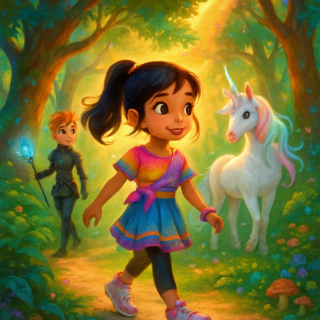 Sephira walking through the enchanted forest, sunlight filtering through the trees.