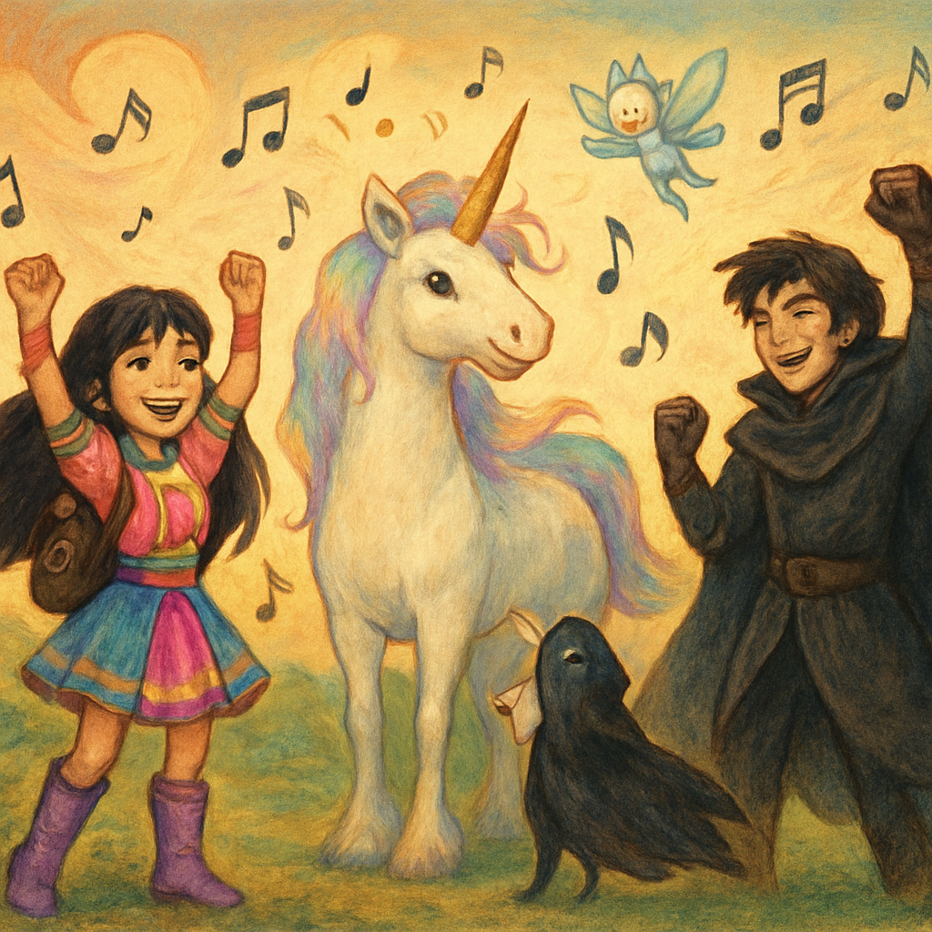 Sephira, Luna, Melody, and Shadow celebrating as the world is filled with music again.