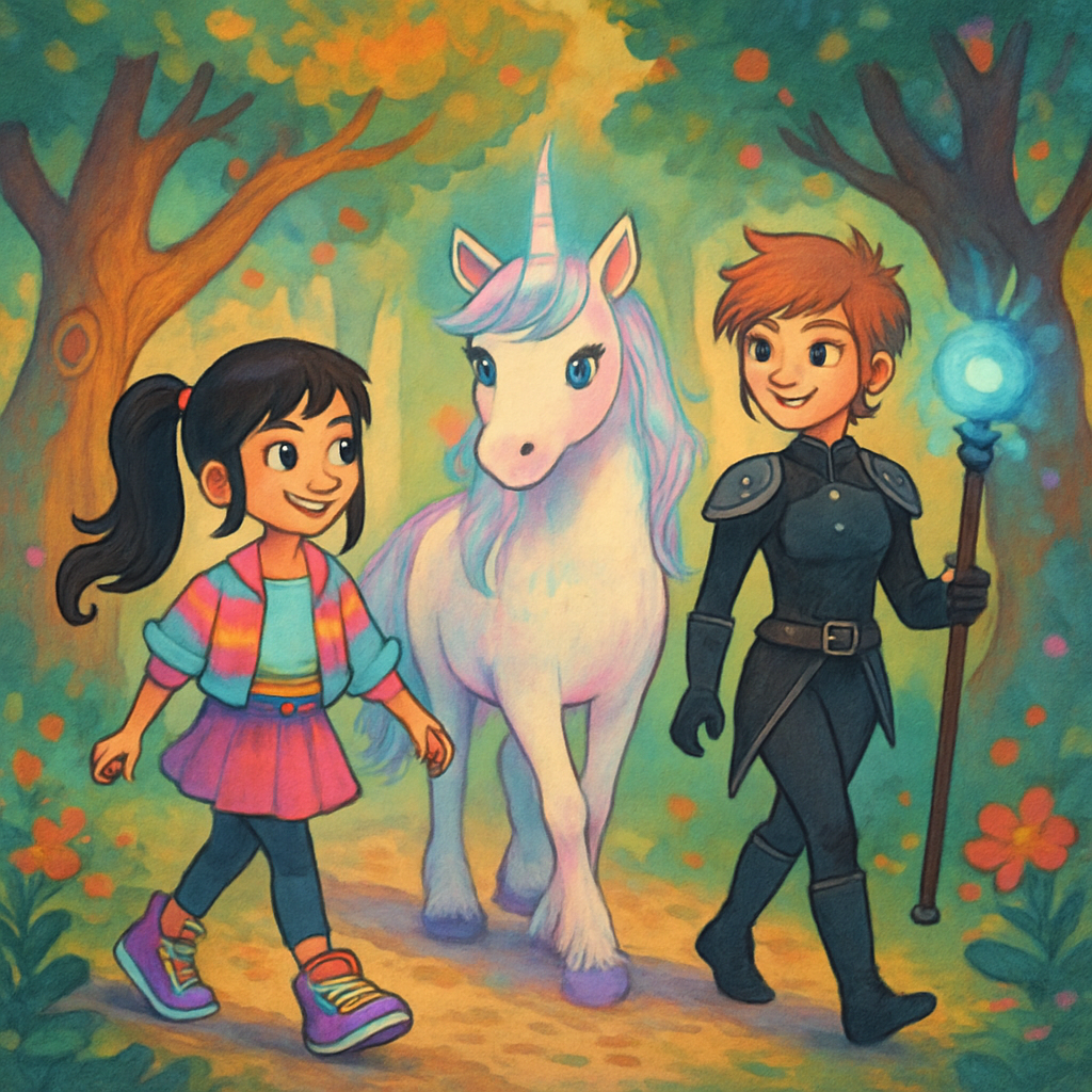 @Sephira, @Luna, and @Kara walking together through the forest.