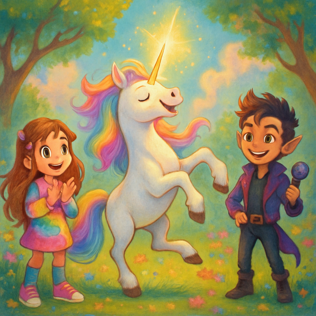 @Luna dancing joyfully in the glade as her horn glows, with @Sephira and @Kai smiling.