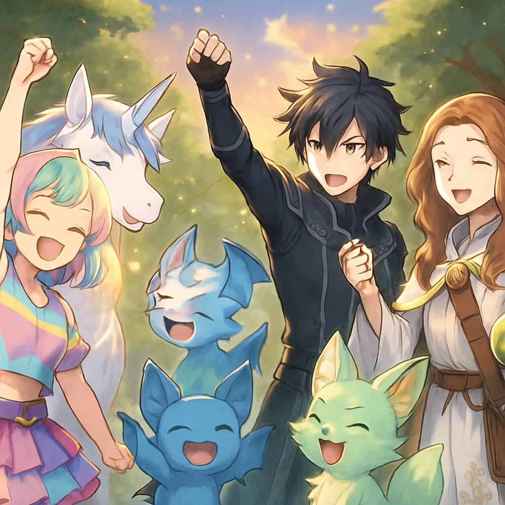 Sephira, Luna, Kai, and Dr. Harmony celebrating as the potion cures the creatures.