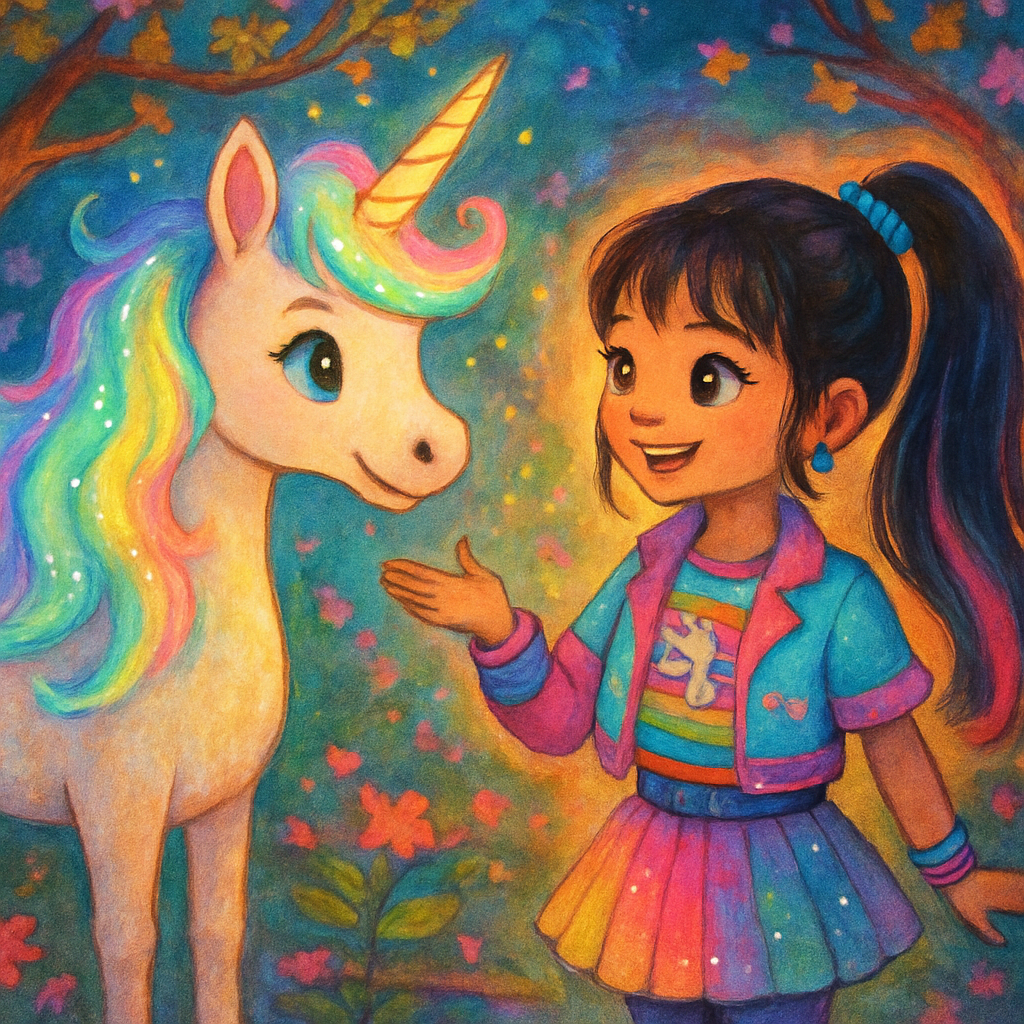 Twinkle the unicorn with a glowing mane greeting Sephira.
