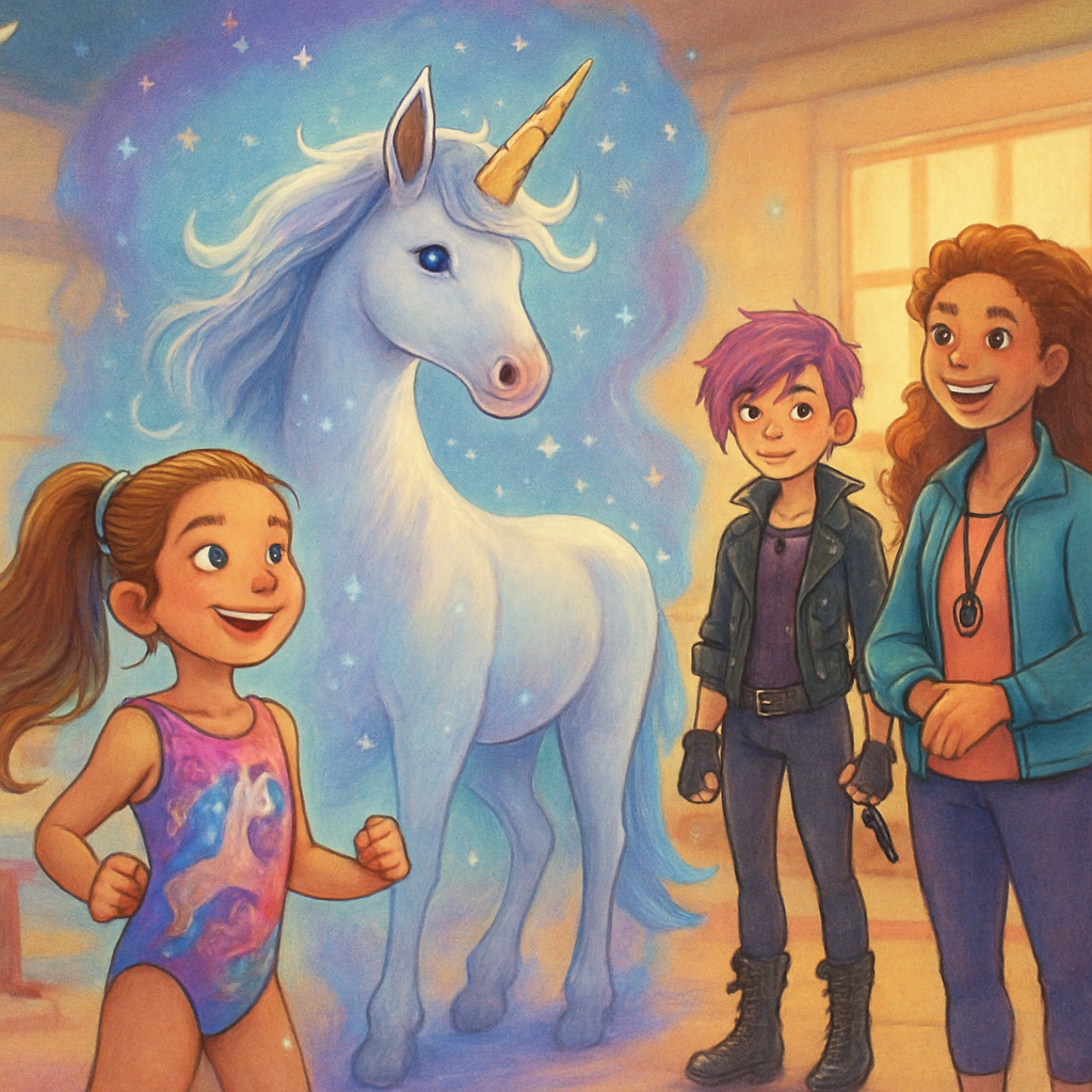 Luna, the magical unicorn, appearing in the gymnastics hall.