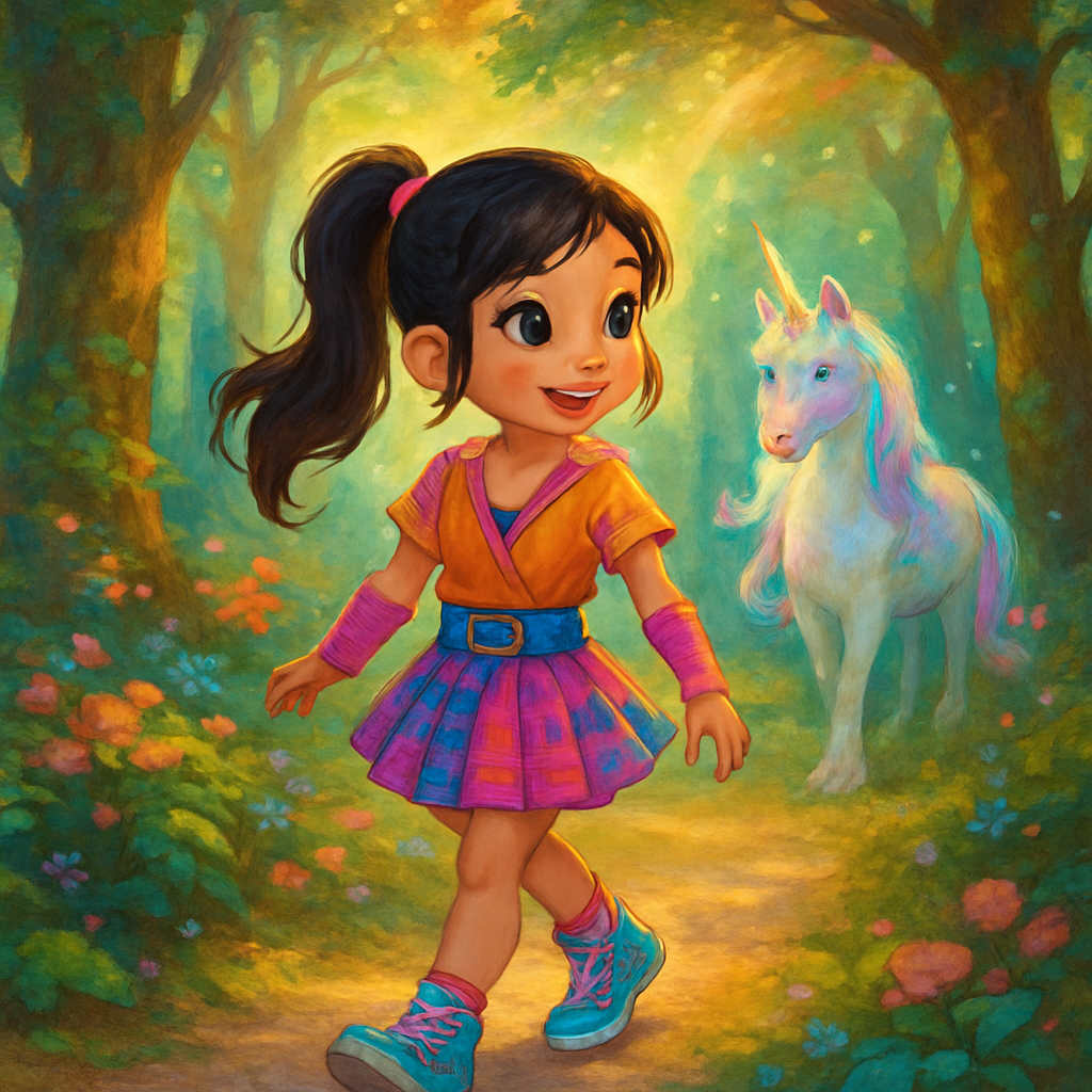 Sephira walking through the enchanted forest, sunlight filtering through the trees.