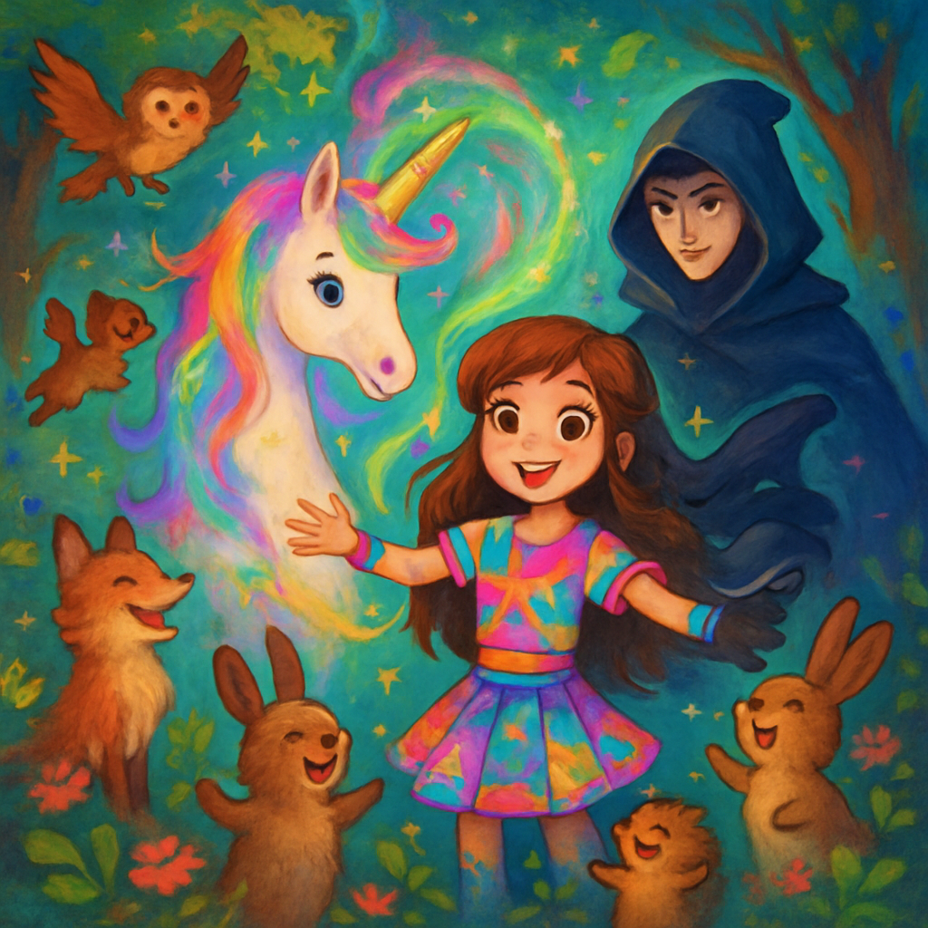 @Sephira, @Luna, and @Shadow celebrating with forest creatures, a magical aura around them.