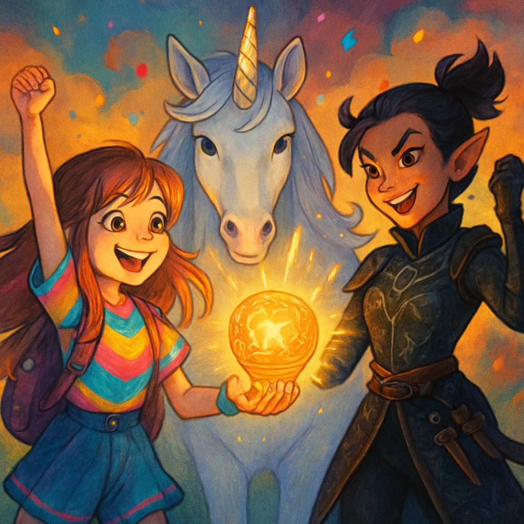 Sephira, Kira, and Luna celebrating their victory, the magical artifact glowing brightly.