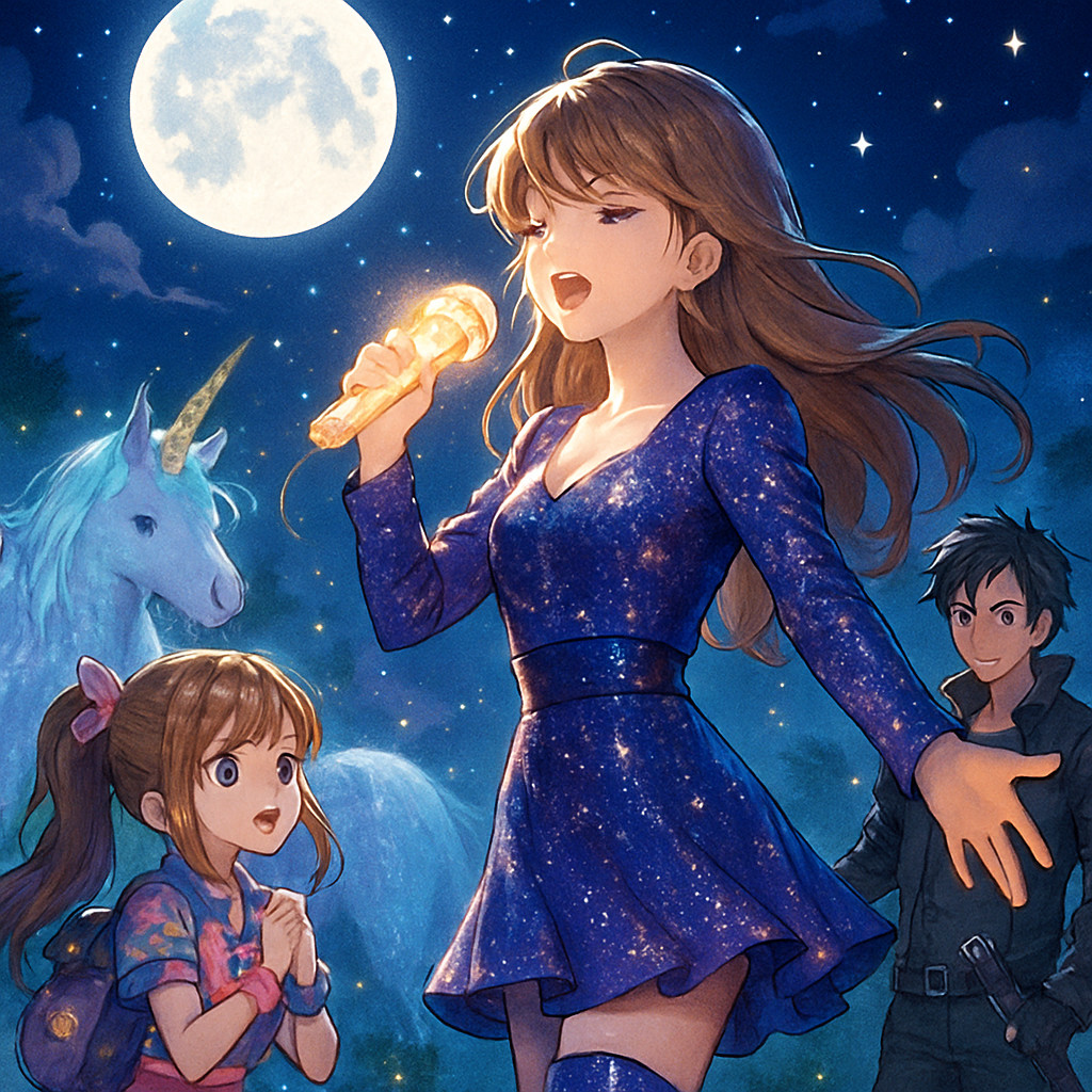 @Swiftara performing under the moonlight, her microphone glowing.