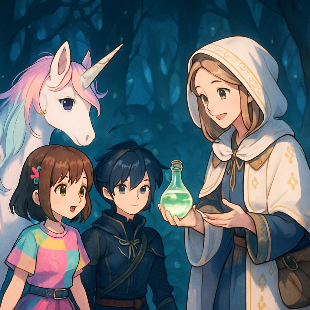 Dr. Harmony explaining the potion to Sephira, Luna, and Kai in the Dark Woods.