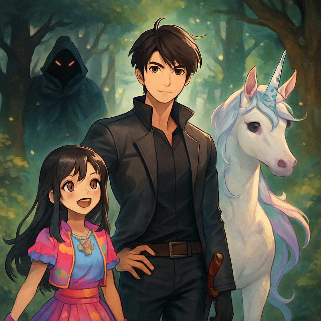 Jin, the Kpop star and demon hunter, standing confidently with Sephira and Luna in a magical forest.