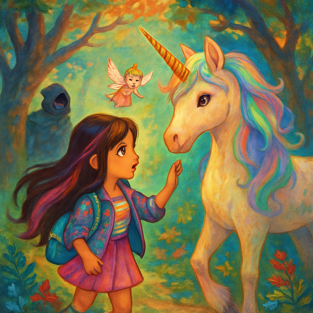 @Sephira meeting @Luna the unicorn in a magical forest.
